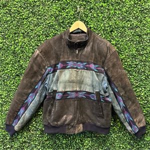 ADLER Small Black Leather Jacket Aztec Southwest Print Motorcycle Biker Vintage